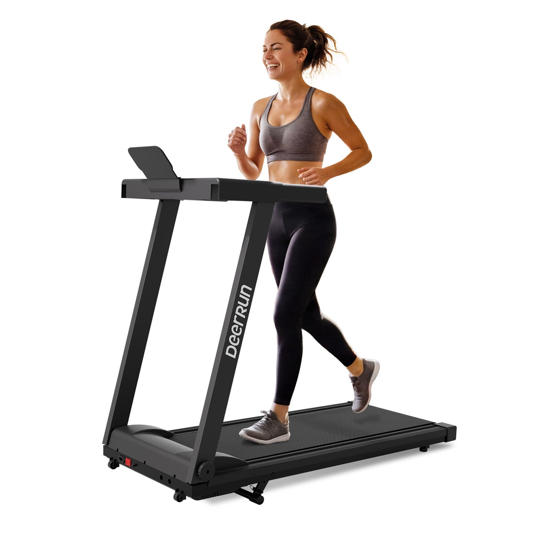 DeerRun A1 Pro Move+ smart foldable treadmill in black with 6% incline and digital display, showing running surface and control panel.