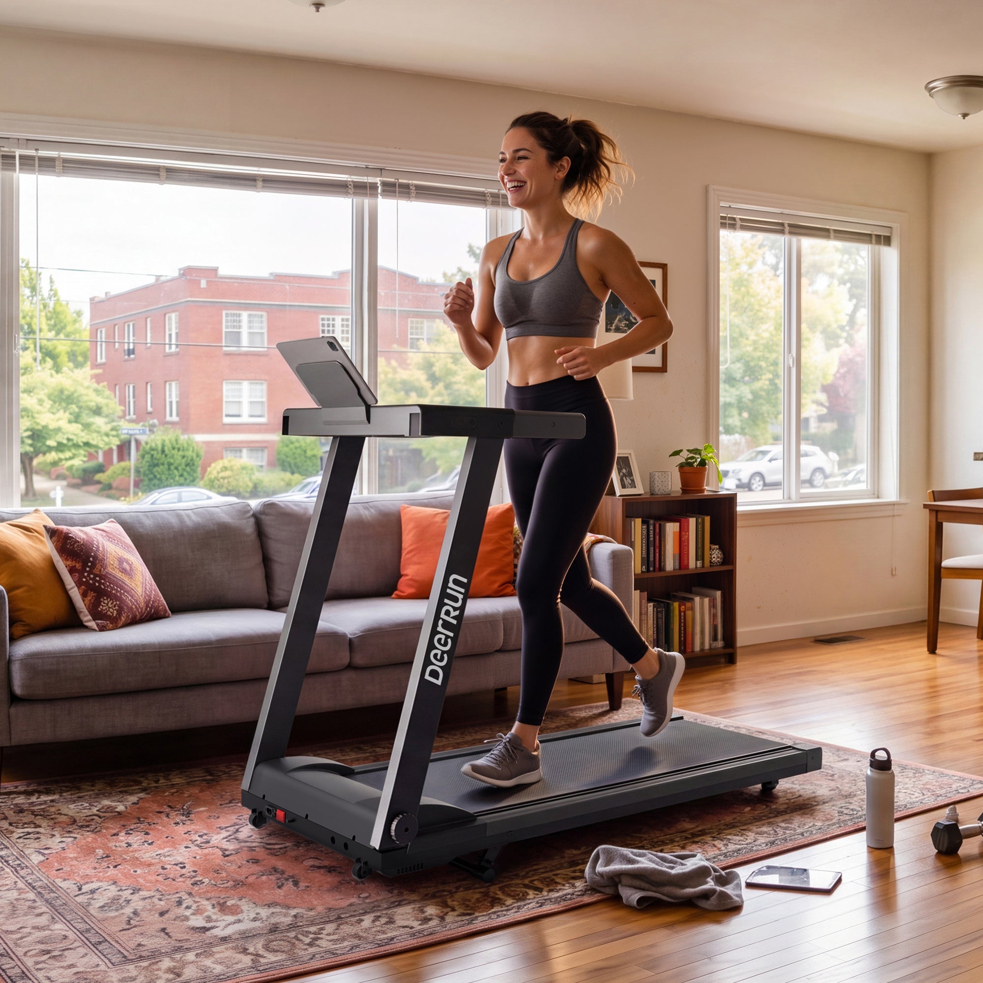 DeerRun All-New 2026 A1 Pro Move+ foldable smart treadmill with incline, NFC, black finish, digital display, and sturdy build.