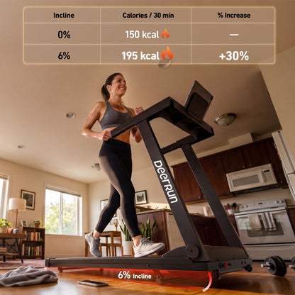 DeerRun® All-New 2026 A1 Pro Move+ smart foldable treadmill with black finish, 6% incline, NFC, digital display, and 350 lbs capacity.