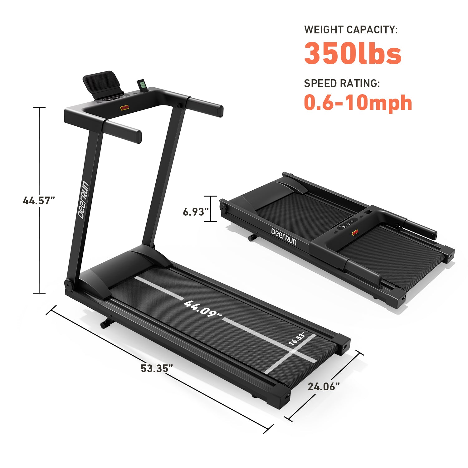 DeerRun All-New 2026 A1 Pro Move+ foldable treadmill with black finish, digital display, safety handrails, and incline feature.