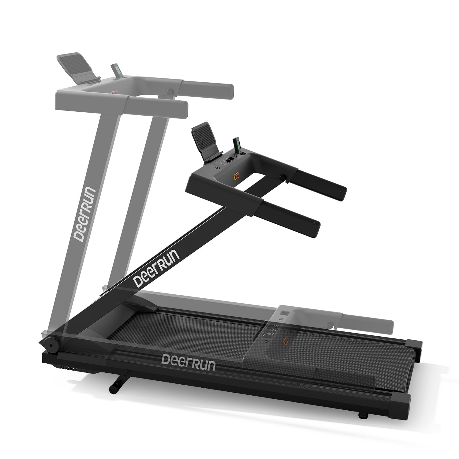 DeerRun All-New 2026 A1 Pro Move+ Smart foldable treadmill with black finish, digital display, incline, and NFC technology.