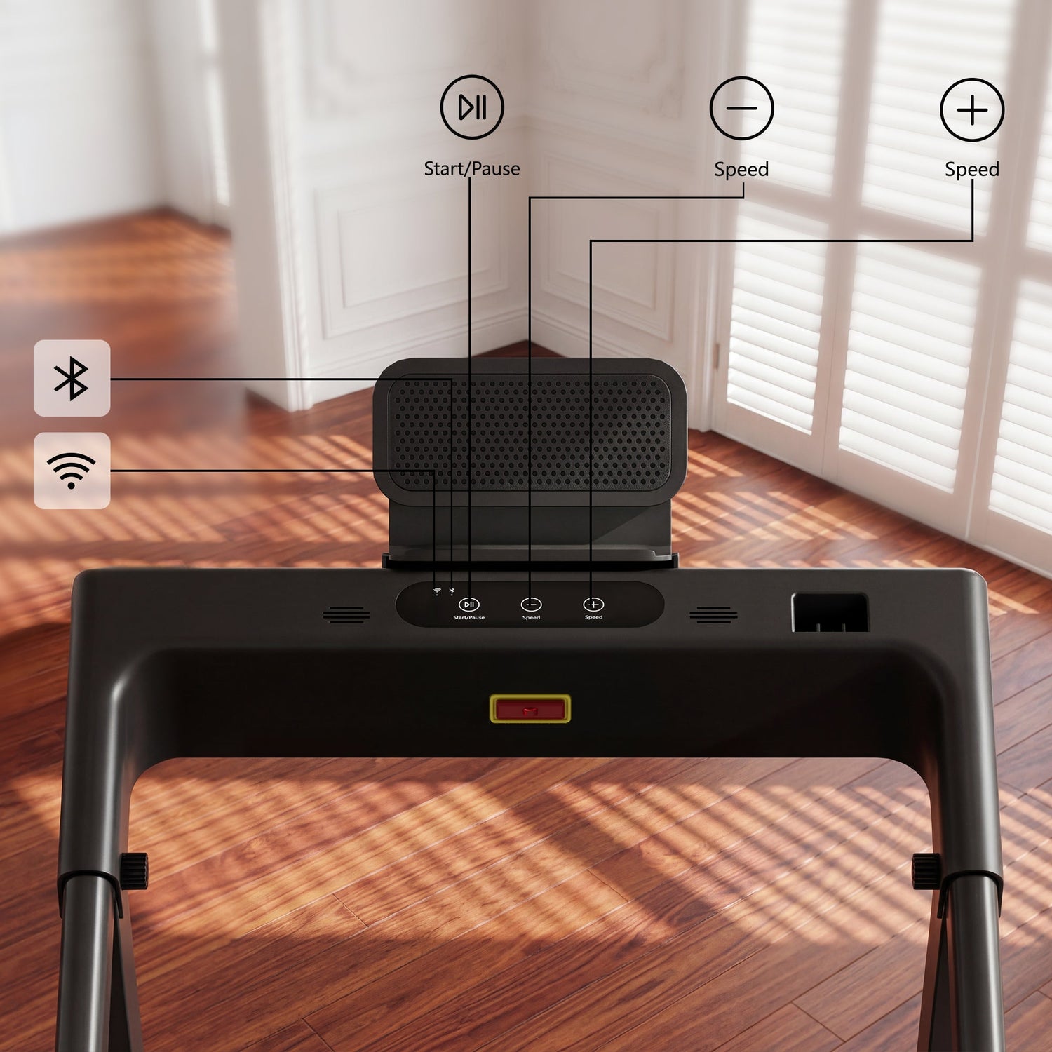 DeerRun All-New 2026 A1 Pro Move+ foldable smart treadmill with black finish, display, and side handles for home fitness.