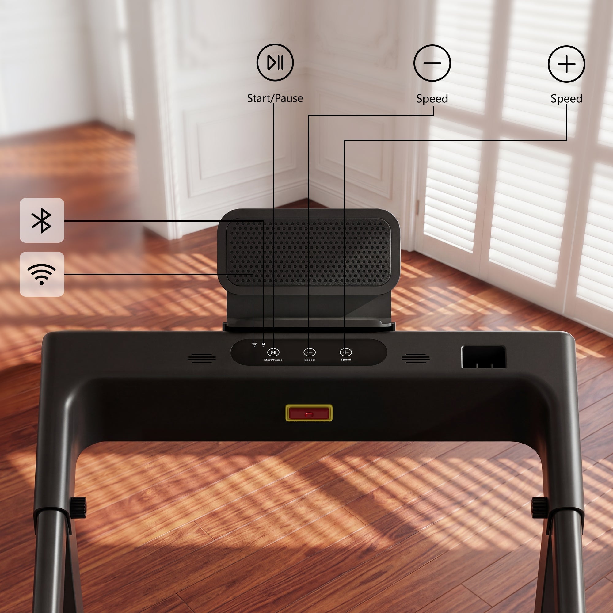 DeerRun All-New 2026 A1 Pro Move+ foldable smart treadmill with black finish, display, and side handles for home fitness.