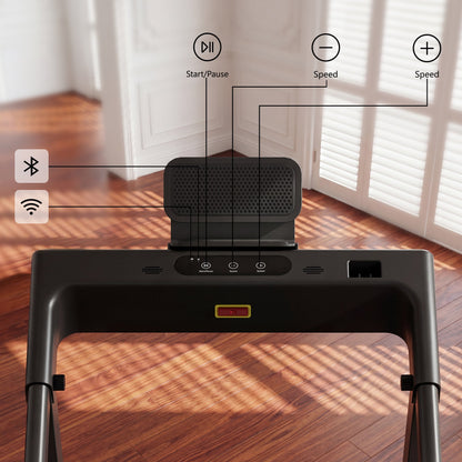 DeerRun All-New 2026 A1 Pro Move+ foldable smart treadmill with black finish, display, and side handles for home fitness.