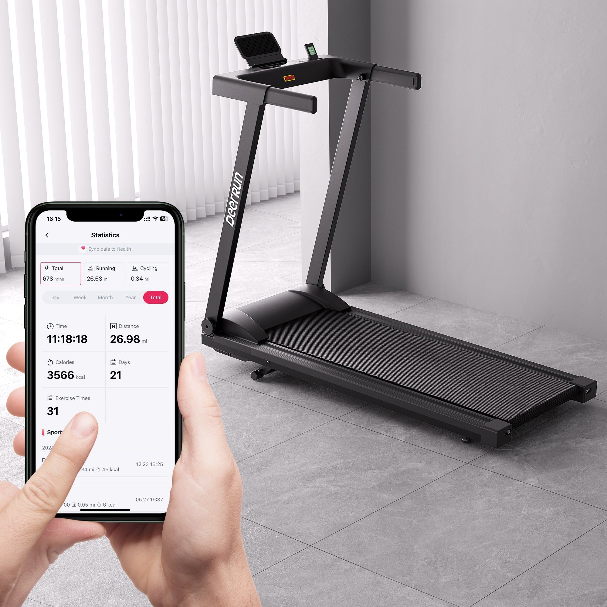 DeerRun All-New 2026 A1 Pro Move+ smart foldable treadmill with black finish, digital display, 6% incline, NFC, supports 350 lbs.