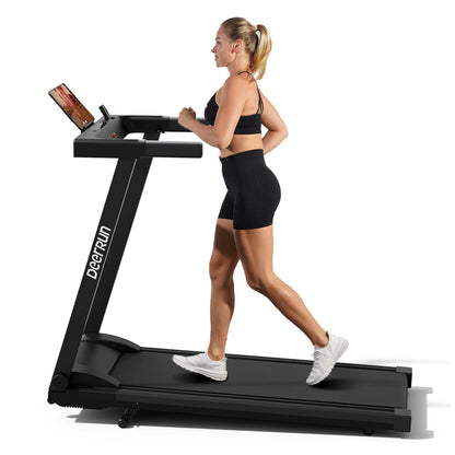 DeerRun A1 Pro Move+ smart foldable treadmill in black with digital display, showing 6% incline and handrails.