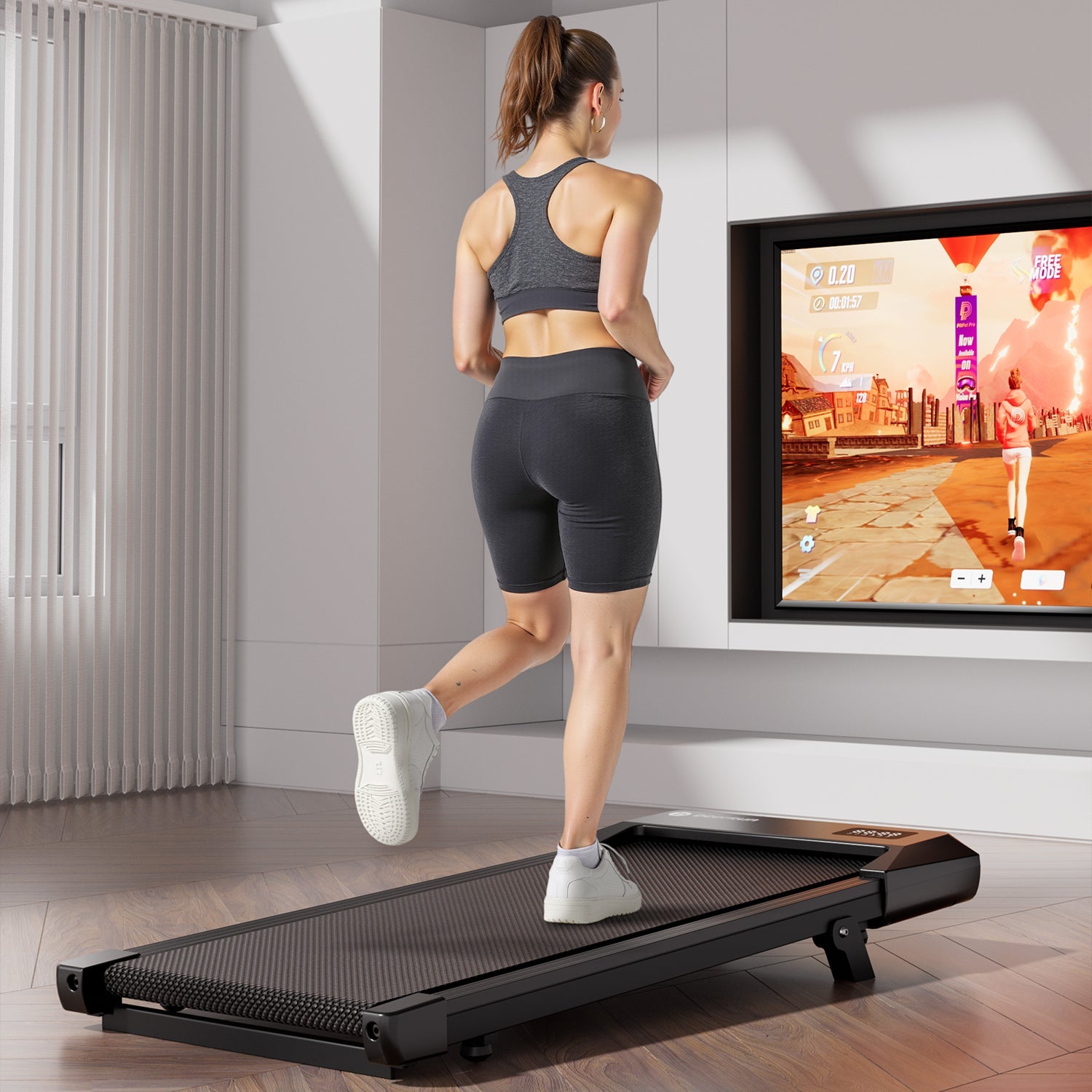 DeerRun Q2 Urban Smart Walking Pad treadmill with incline and remote control, shown with digital display and sleek design.