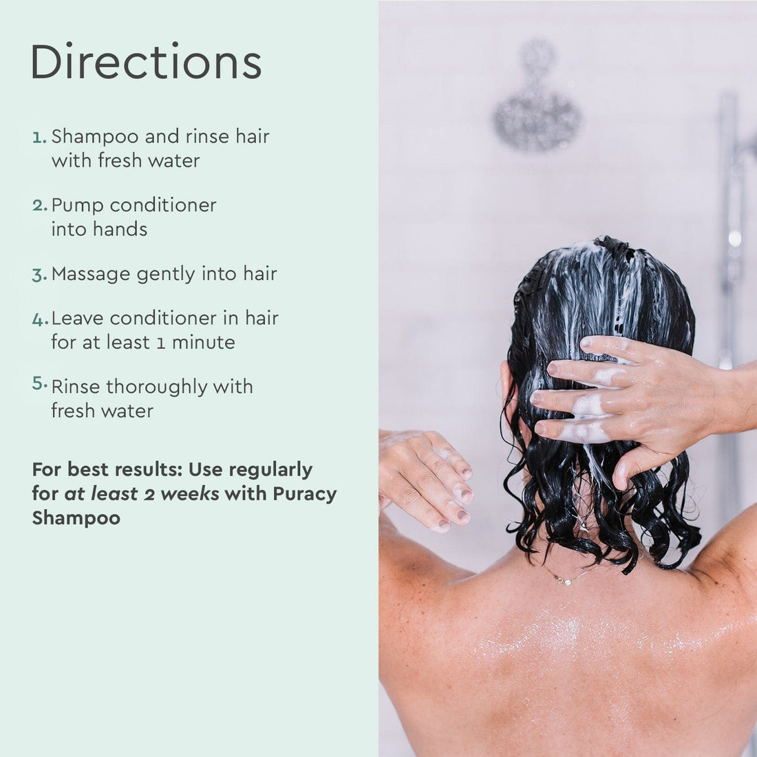Puracy silicone and sulfate-free conditioner bottle with directions label, showcasing a natural hair care product.