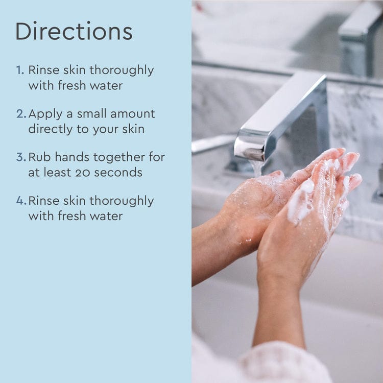 Puracy gel hand soap with clear dispenser, showing directions on the label and hand-washing instructions on the front.