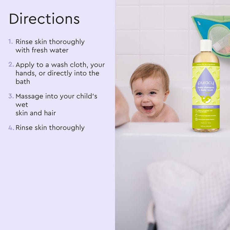 Puracy tear-free baby shampoo and body wash bottle with directions label, gentle formula for baby&