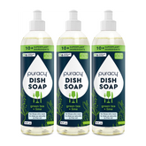 Puracy dish soap bottle with label, showcasing natural ingredients and eco-friendly packaging for effective kitchen cleaning.