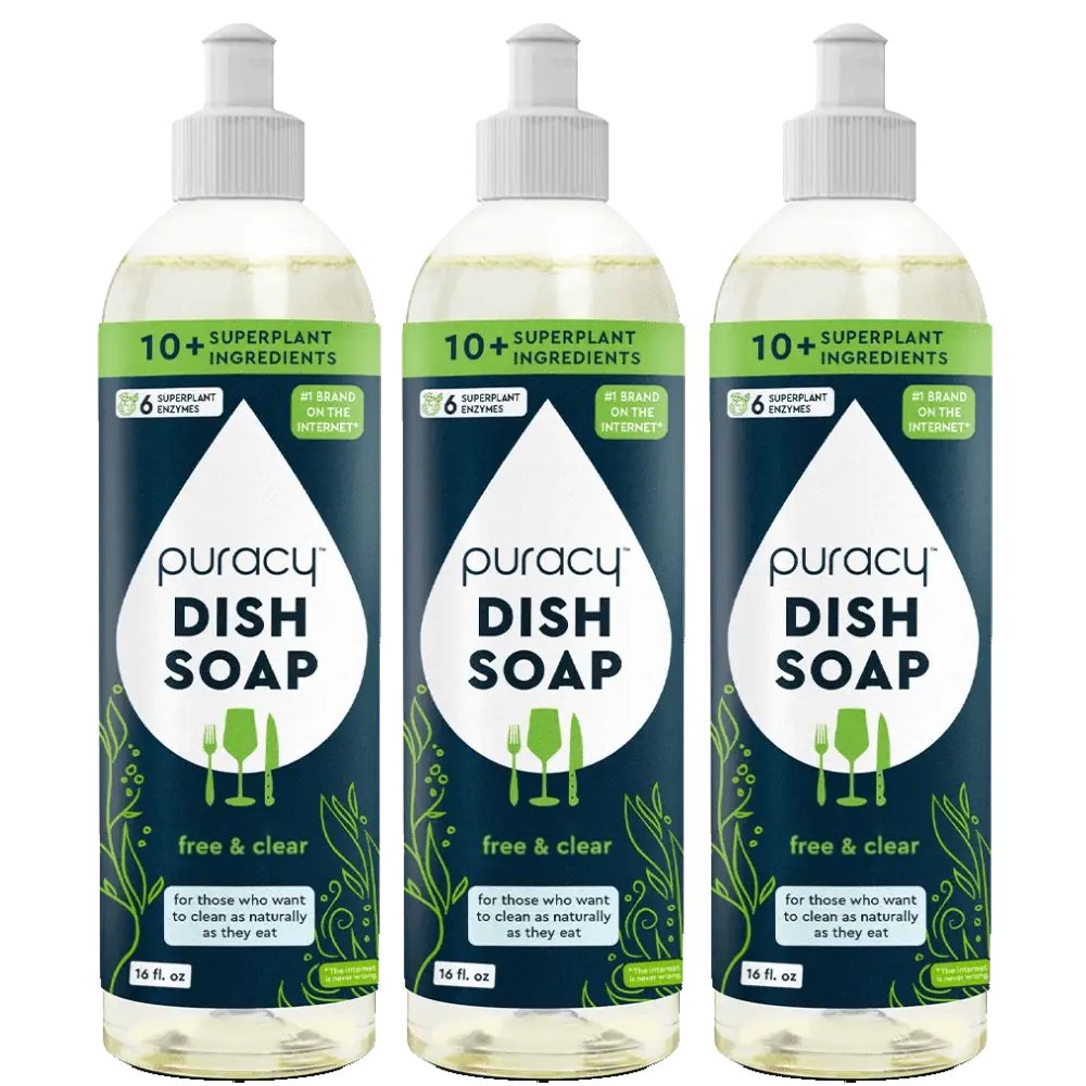 Puracy unscented dish soap three-pack with bottles featuring labels, designed for gentle, effective dish cleaning.