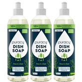 Puracy unscented dish soap three-pack with bottles featuring labels, designed for gentle, effective dish cleaning.