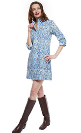 Dizzy-Lizzie Sag Harbor Dress with blue Kilim print, lightweight cotton, sleeveless design, perfect for summer wear.