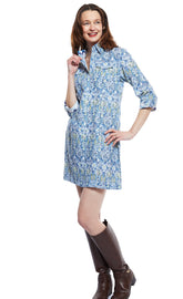 Dizzy-Lizzie Sag Harbor dress in size XS with blue Kilim print, stylish sleeveless dress with vibrant pattern.