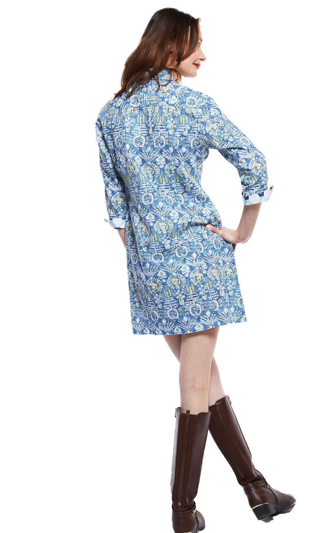Dizzy-Lizzie Sag Harbor Dress with blue Kilim print, lightweight fabric, sleeveless design, perfect for casual summer wear