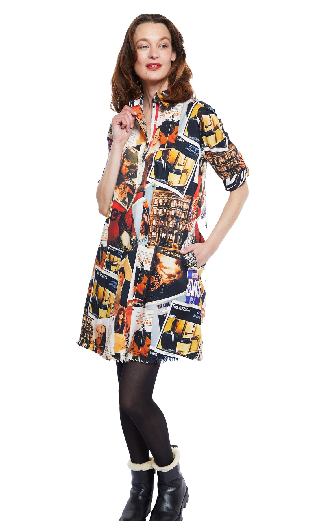 Dizzy-Lizzie Chatham dress with rock and roll print, sleeveless design, and fitted style, ideal for casual or concert wear.