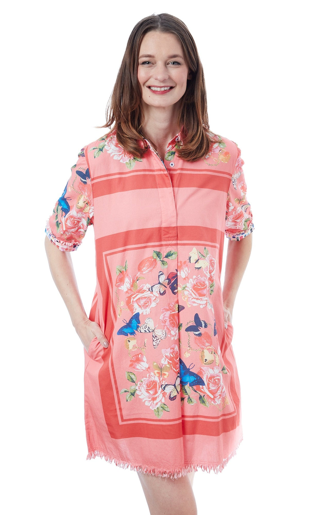 Pink Chatham Dress by Dizzy-Lizzie featuring butterfly patterns, with a flowy fabric and feminine design perfect for warm weather.