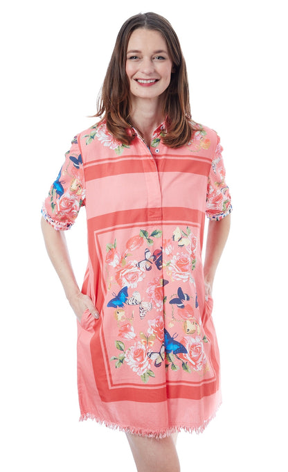 Pink Chatham Dress by Dizzy-Lizzie featuring butterfly patterns, with a flowy fabric and feminine design perfect for warm weather.