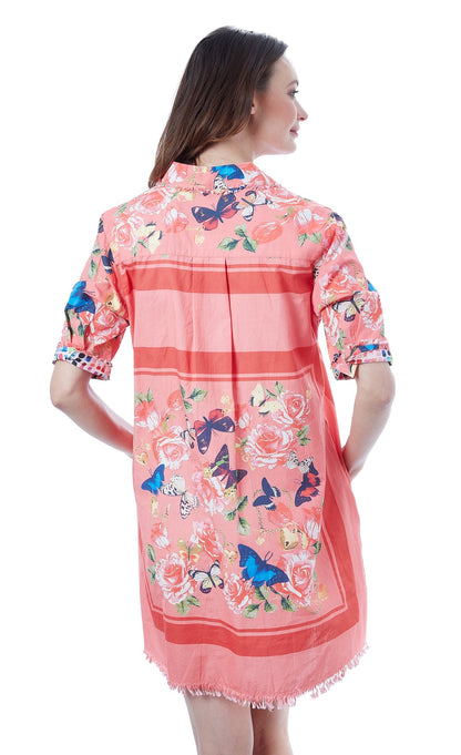 Pink Chatham Dress by Dizzy-Lizzie with butterfly patterns, lightweight fabric, and a flowy design for a stylish, comfortable look.