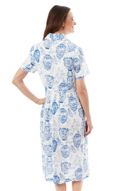 Shortsleeved Chinoiserie shirt dress by Dizzy-Lizzie, lightweight fabric with intricate Asian-inspired print, casual stylish dress.