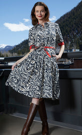 Black and white zebra print Mrs. Maisel dress by Dizzy-Lizzie, shown in XS size with stylish, bold pattern and classic fit.