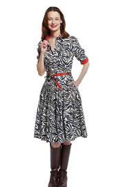 Dizzy-Lizzie Mrs Maisel dress in black and white zebra print, stylish dress with bold zebra pattern and fitted silhouette.
