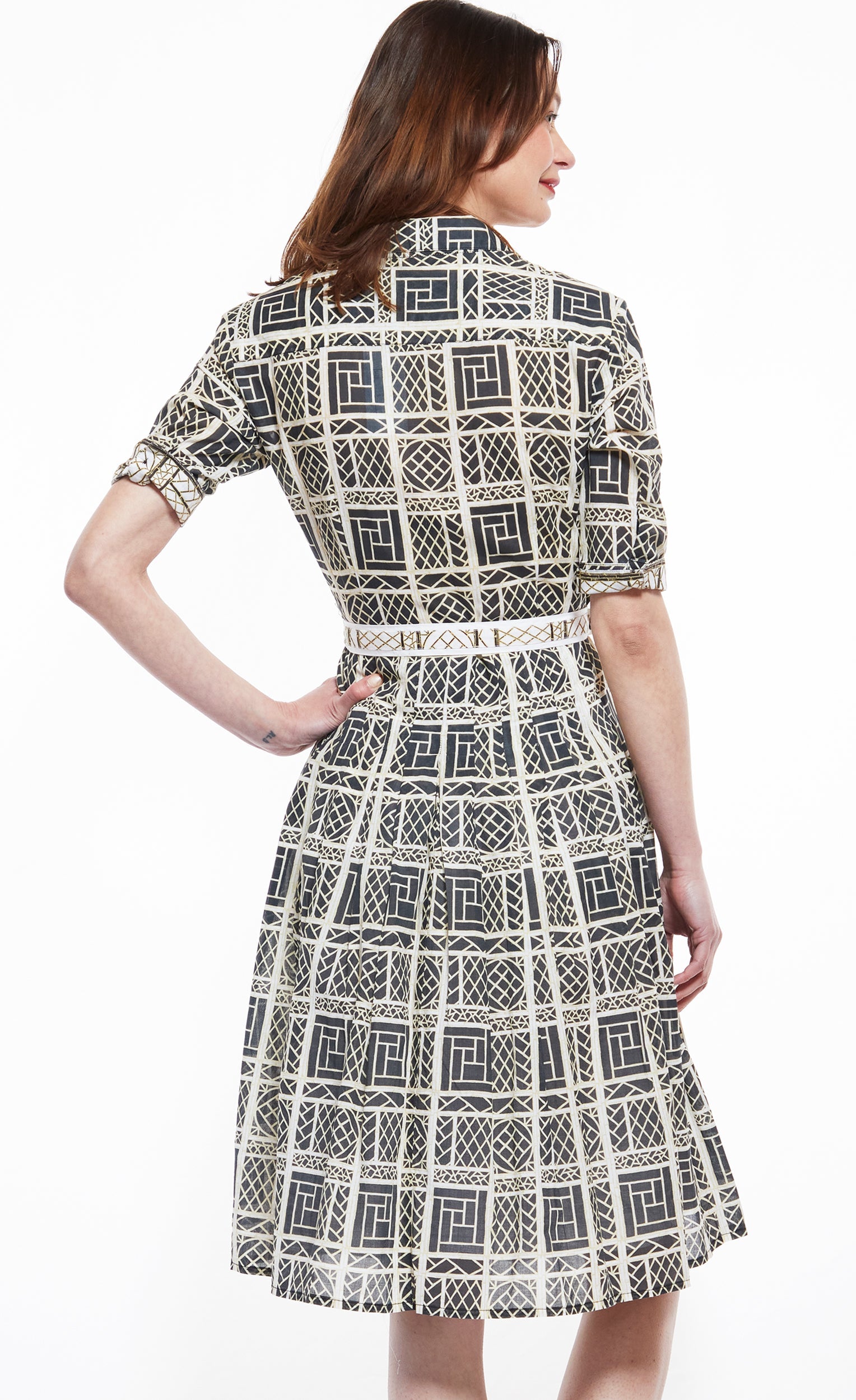 Black and beige wicker print Mrs. Maisel dress by Dizzy-Lizzie, featuring a stylish vintage-inspired design.