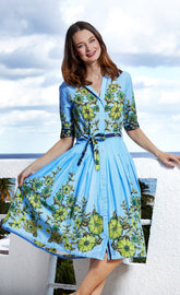 Light blue leaf print dress by Dizzy-Lizzie featuring Mrs Maisel style design, perfect for casual or semi-formal wear.