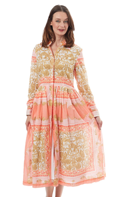 Dizzy-Lizzie tea length button front dress with scroll print, featuring a fitted bodice and flowing skirt.