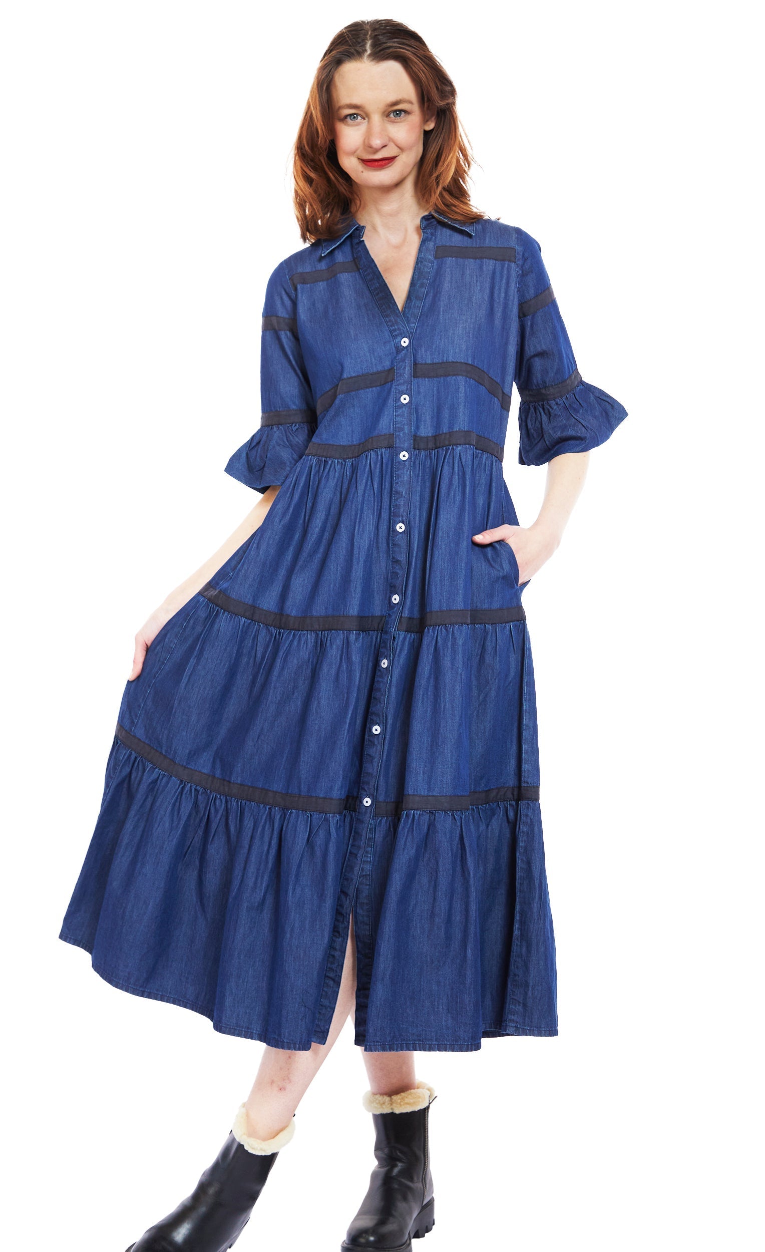 Dizzy-Lizzie Miami denim dress with black ribbon trim, casual style, shown hanging with front view and details of the trim.