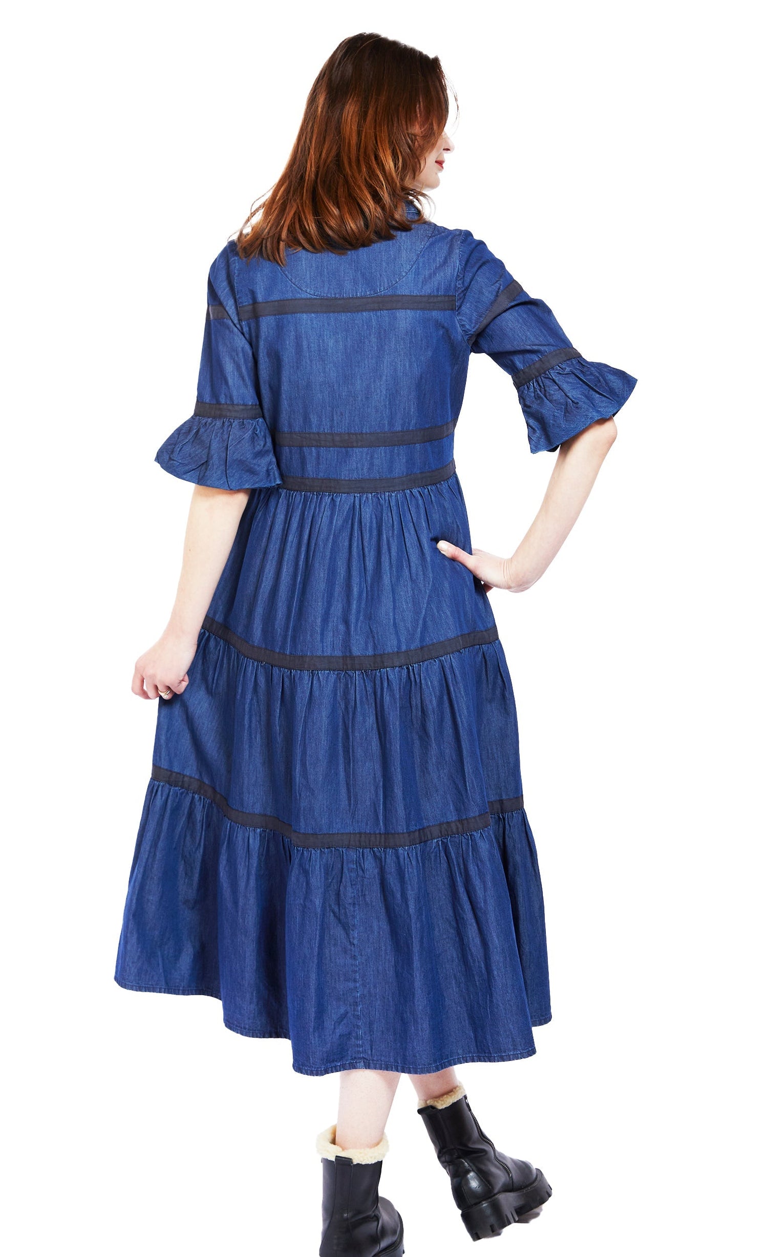 Dizzy-Lizzie Miami denim dress featuring black ribbon trim, stylish sleeveless design and casual fit.