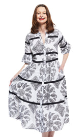 Dizzy-Lizzie Miami Style midi dress with flounce, black ribbons, black and white paisley pattern, sleeveless design