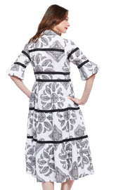 Dizzy-Lizzie Miami Style Midi Dress with flounce, black ribbons, and black-white paisley pattern, perfect for casual or semi-formal wear.