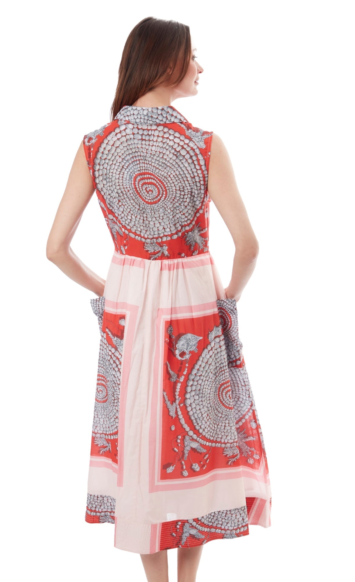 Coral print Sea Island Dress by Dizzy-Lizzie featuring a flowy design and vibrant tropical pattern, perfect for warm weather.