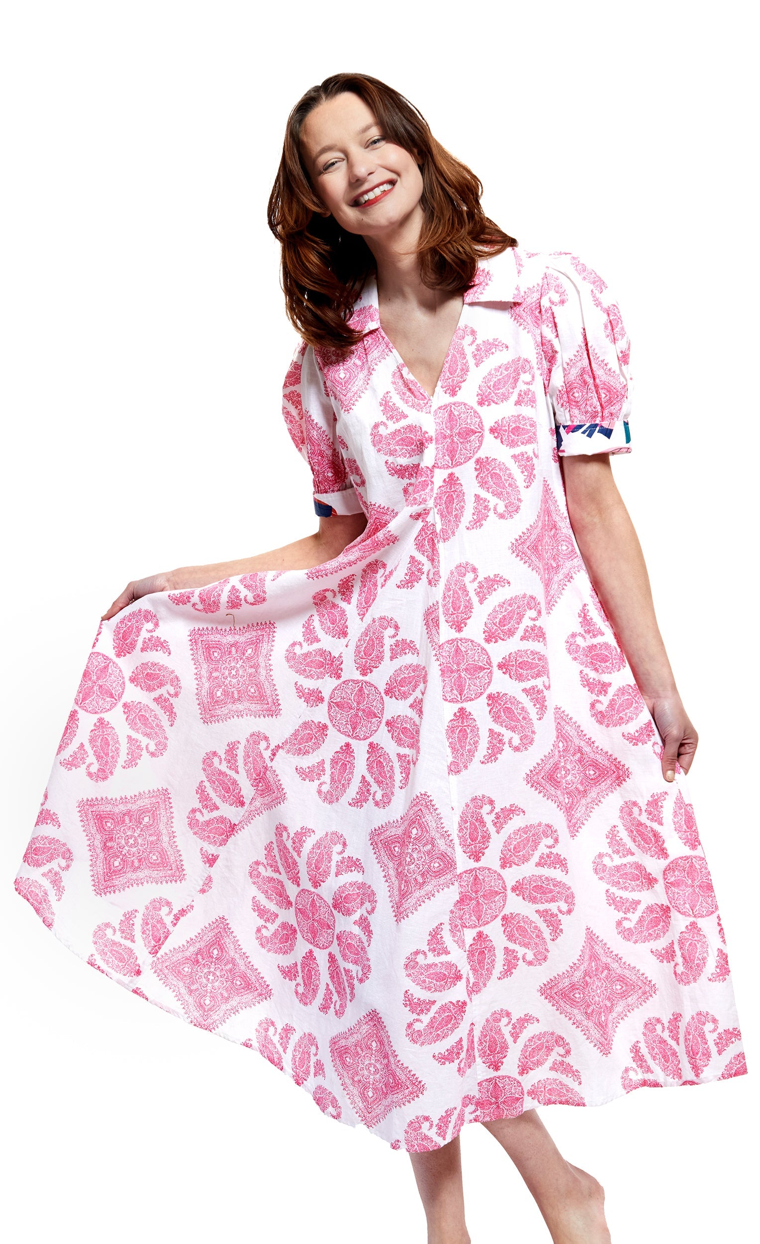 Pink and white paisley Montauk dress by Dizzy-Lizzie, flowing fabric with a stylish, bohemian-inspired design.