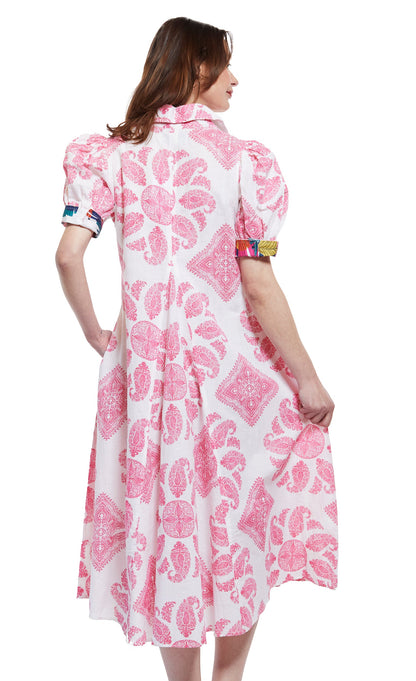 Pink and white paisley Montauk dress by Dizzy-Lizzie, flowing fabric with a stylish, feminine silhouette.