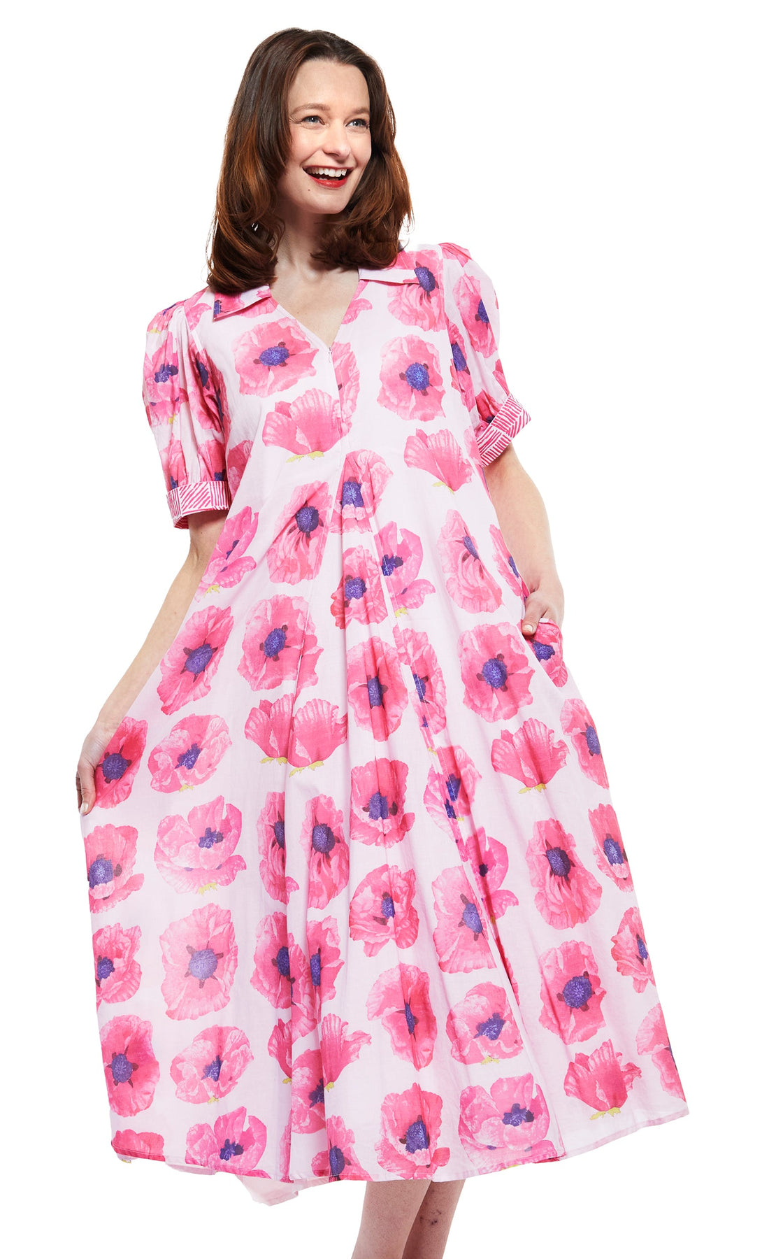 Pink Montauk Dress with Poppy Print by Dizzy-Lizzie, featuring a flowing fabric and floral pattern.