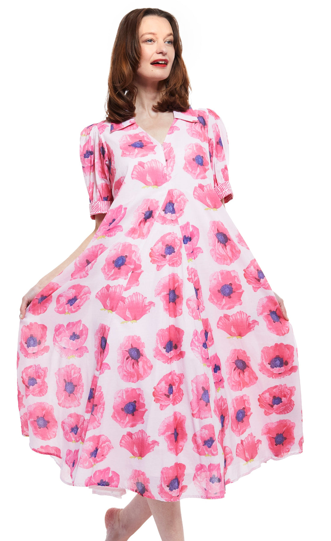 Pink Montauk Dress with Poppy Print by Dizzy-Lizzie, featuring flowy fabric and vibrant floral pattern.