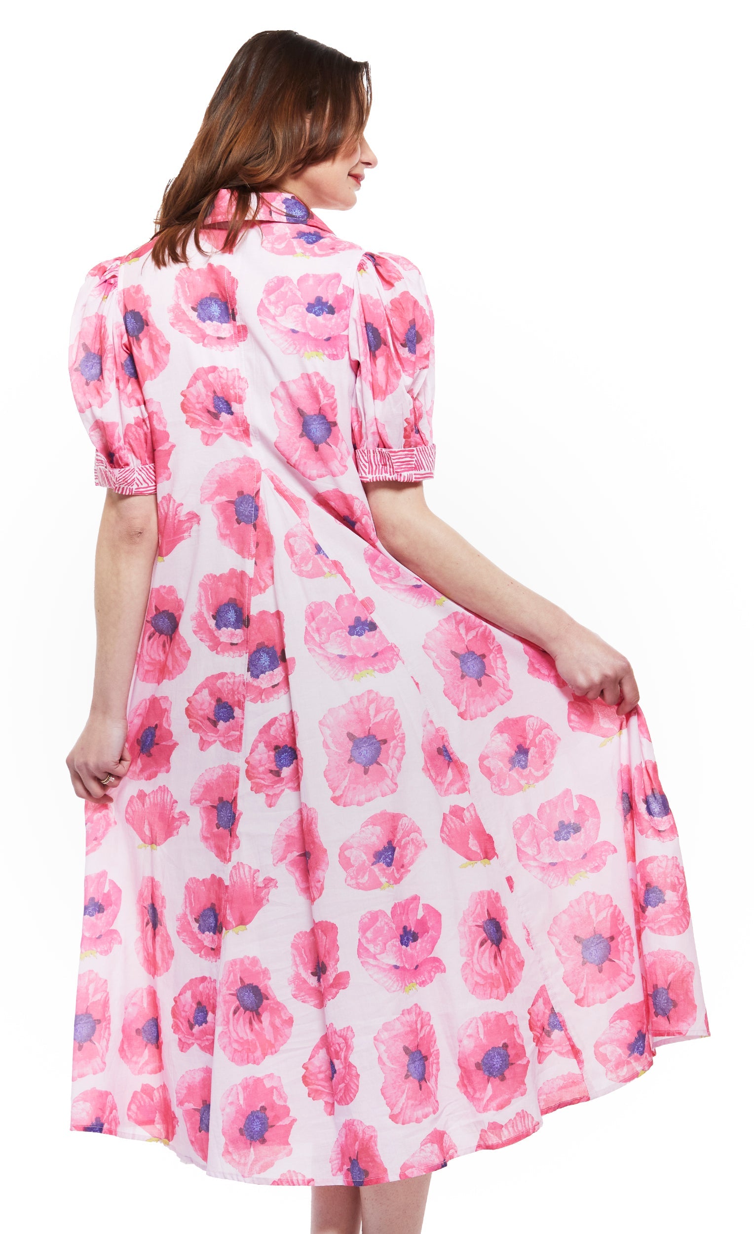 Pink Montauk Dress by Dizzy-Lizzie with a vibrant poppy floral print, featuring a stylish and comfortable design.