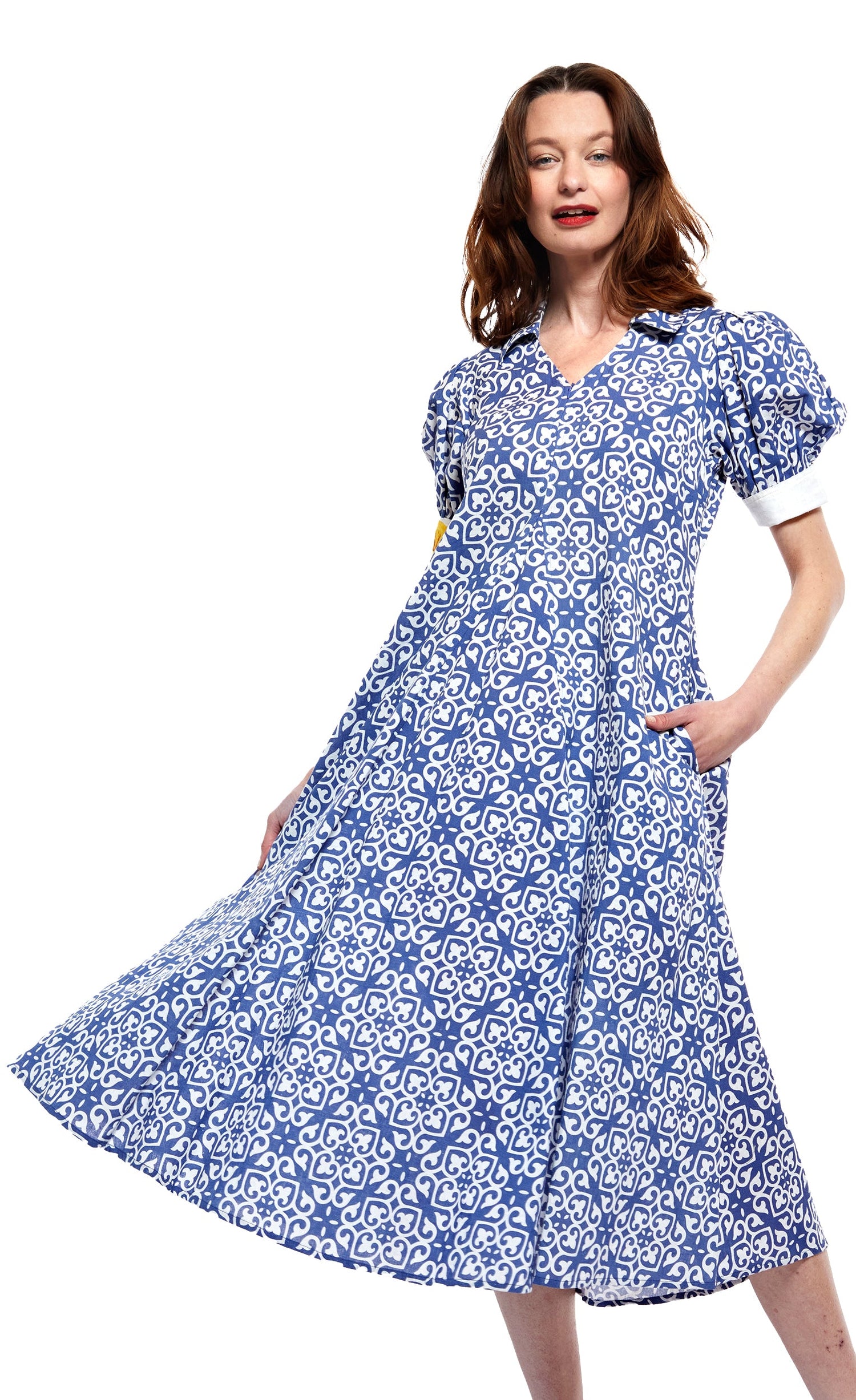 Dizzy-Lizzie Montauk Dress in blue with white geometric pattern, sleeveless summer dress with a relaxed fit and stylish design.