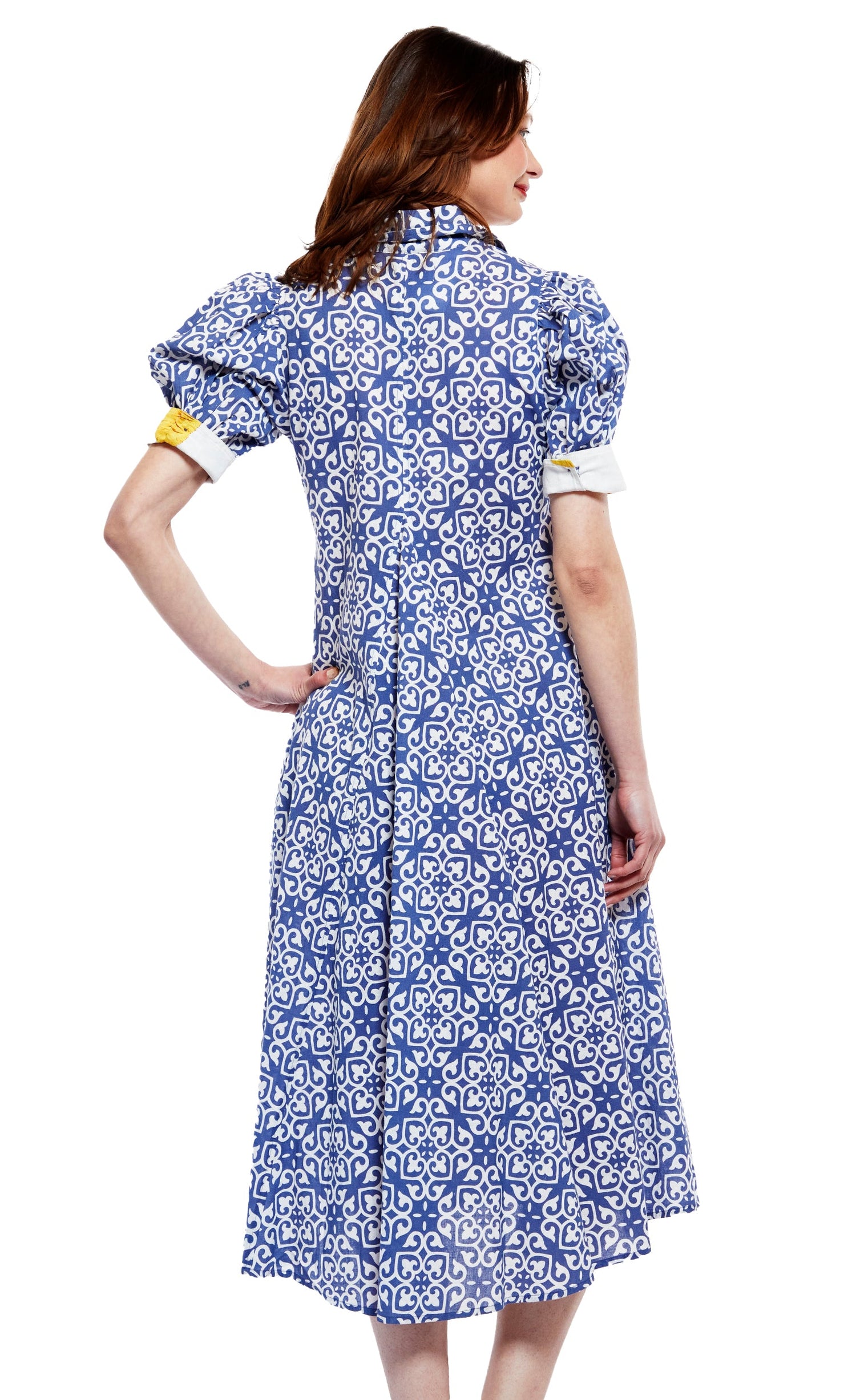 Blue Montauk Dress by Dizzy-Lizzie with white geometric pattern, featuring a comfortable fit and stylish design.