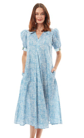 Dizzy-Lizzie Montauk Dress in turquoise and white with criss-cross design, sleeveless summer dress, XS size, stylish and lightweight.