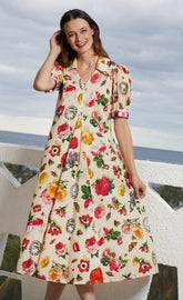 Dizzy-Lizzie Montauk Dress botanical floral pattern, lightweight dress with vibrant floral print, suitable for warm weather.