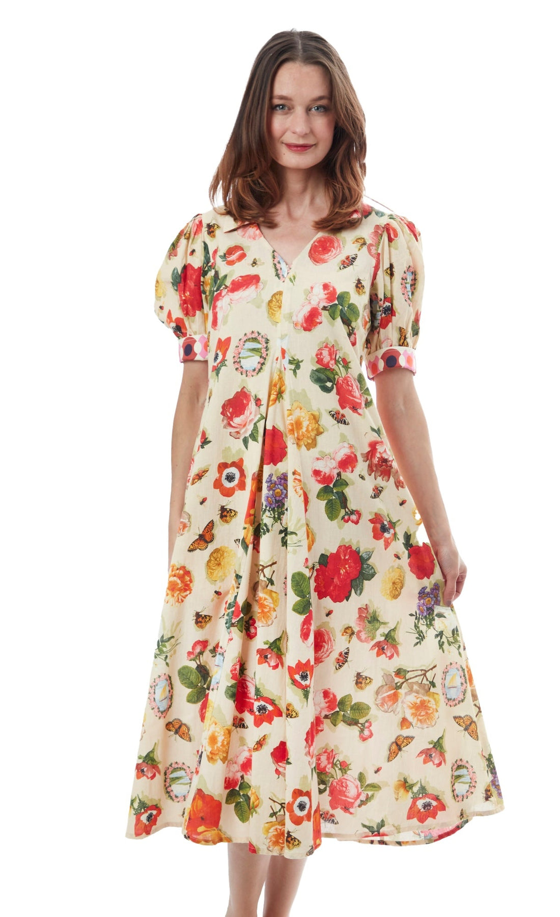 Dizzy-Lizzie Montauk Dress Botanical Floral in size XS with a vibrant floral pattern, lightweight fabric, and relaxed fit.