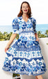 Blue Ikat print Montauk dress by Dizzy-Lizzie, featuring a flowy fabric and stylish design.