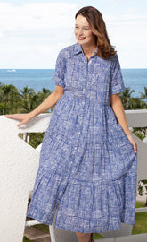 Dizzy-Lizzie Palm Desert long dress made of navy and white cotton voile with criss-cross little box pattern, full-length style.