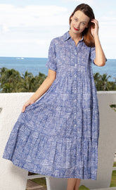 Dizzy-Lizzie Palm Desert Long Dress in navy and white cotton voile with criss-cross little box pattern, full-length design.