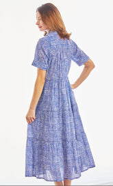 Dizzy-Lizzie Palm Desert long dress in navy and white cotton voile with criss-cross little box pattern, full-length style.