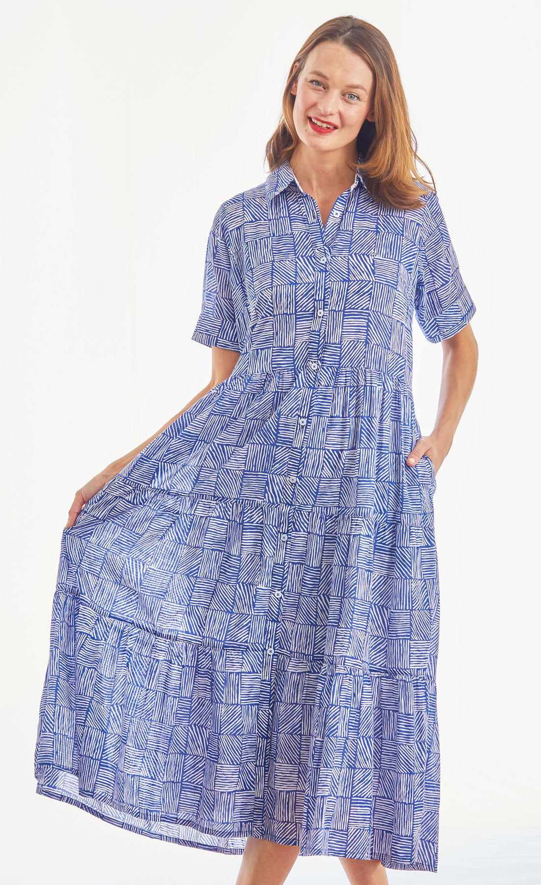 Dizzy-Lizzie Palm Desert long dress in navy and white cotton voile with criss-cross little box patterns, full-length style.